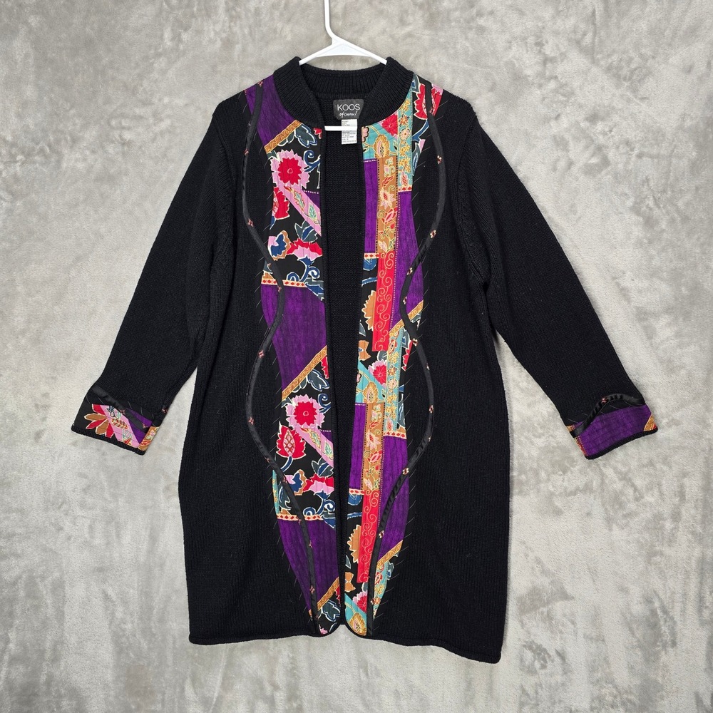 Koos of Course 1X‎ Black Knit Cardigan Art to Wear Patchwork Floral Applique